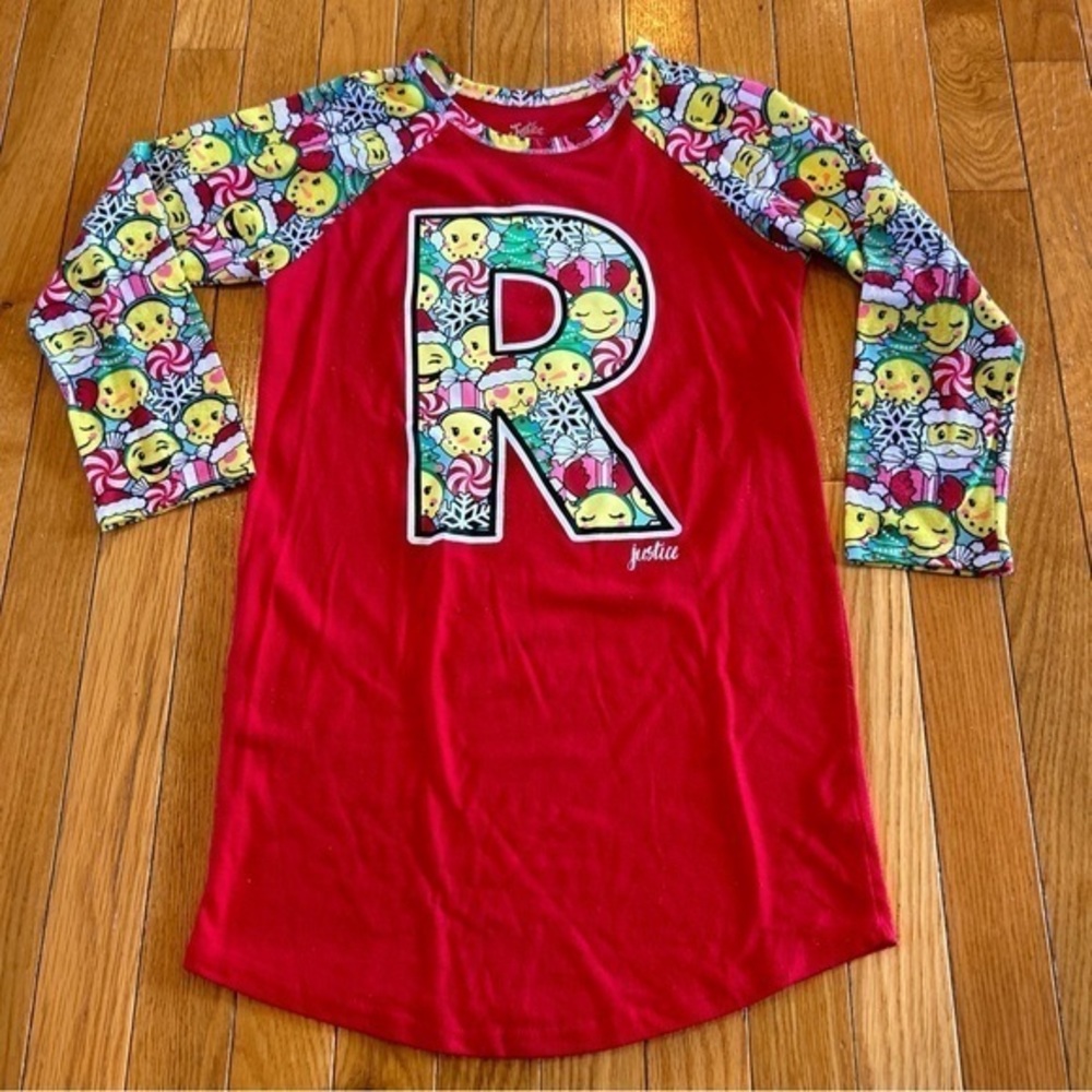 Justice Christmas Emoji Initial Letter “R” Sleep Shirt Nightgown Girl Size 6/7